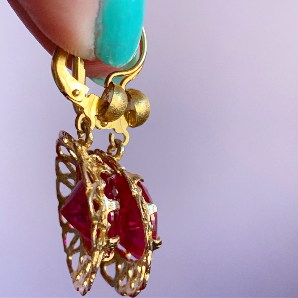 Vintage 14k Gold Huge Synthetic Ruby Dangle Drop … - image 3